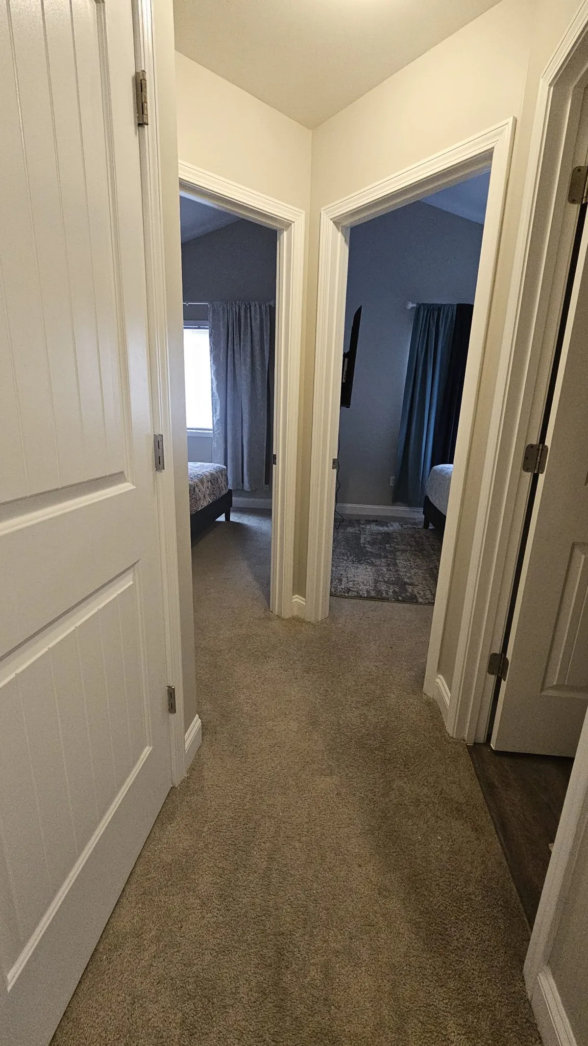 A carpeted hallway with natural light streaming in, leading to two open doorways into separate bedrooms. The scene suggests a comfortable, welcoming transition between private spaces, and hints at the duplex layout with private access to each bedroom.